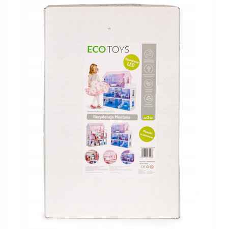 Duży drewniany domek dla lalek Rezydencja Montana mebelki oświetlenie LED Ecotoys ECO13295 