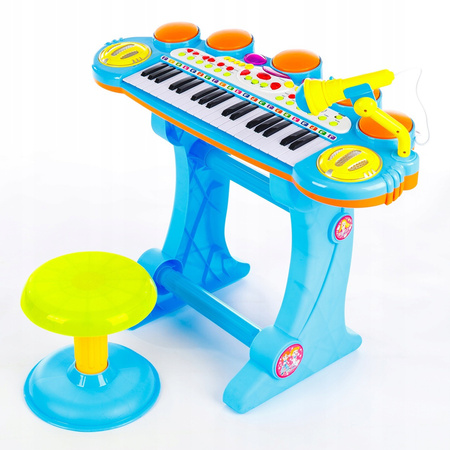 Niebieskie elektroniczne organki dla dzieci pianinko keyboard mikrofon stołek taboret