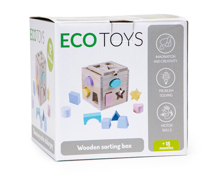 Drewniana kostka edukacyjna dla dzieci z sorterem i klockami Ecotoys Nauka kolorów i kształtów