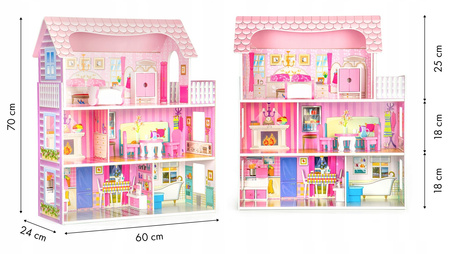 Duży drewniany domek dla lalek Rezydencja Różana mebelki różowy Ecotoys F0373