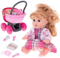 Interaktywna lalka Ala w sukience z wózkiem wydająca dźwięki Sika Pije 7 akcesoriów