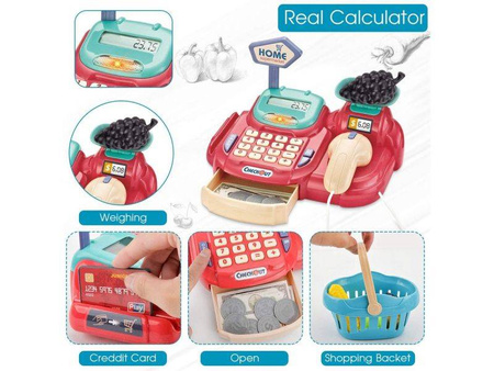 Sklepowa kasa fiskalna dla dzieci koszyk akcesoria czytnik waga malinowa