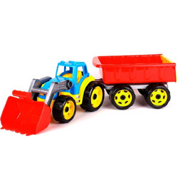 Maszyna budowlana traktor koparka z łyżką i przyczepą niebieski