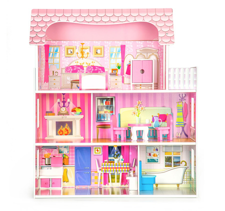 Duży drewniany domek dla lalek Rezydencja Różana mebelki różowy Ecotoys F0373