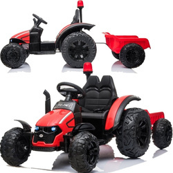 Traktor na akumulator z przyczepą przyczepka pojazd elektryczny 2 silniki światła LED czerwony dla dzieci