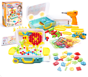 Zestaw edukacyjny konstrukcyjny dla dzieci Klocki do układania Układanka Mozaika Wkrętarka Walizka na kółkach