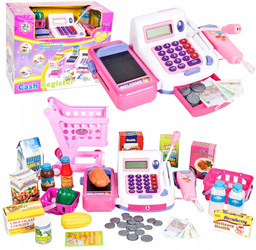 Sklepowa kasa fiskalna z wózkiem i akcesoriami na zakupy dla dzieci