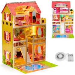 Duży drewniany domek dla lalek z mebelkami i podświetleniem LED dla dzieci 90 cm
