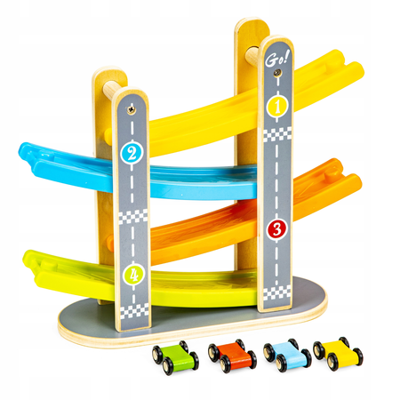 Drewniany tor edukacyjny dla dzieci Zjeżdżalnia dla samochodów 4 autka Ecotoys SAWT093-3