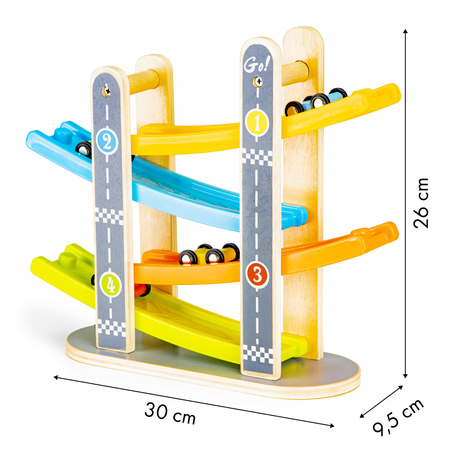 Drewniany tor edukacyjny dla dzieci Zjeżdżalnia dla samochodów 4 autka Ecotoys SAWT093-3