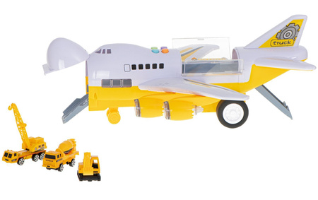 Duży otwierany samolot transporter z zestawem samochodów budowlanych i znakami dla dzieci