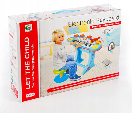 Niebieskie elektroniczne organki dla dzieci pianinko keyboard mikrofon stołek taboret