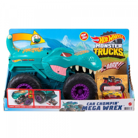 Hot Wheels Monster Truck Mega Wrex dinozaur pożeracz aut dla dzieci + samochodzik