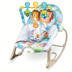 Leżaczek bujaczek dla niemowląt dzieci lew wibracje grzechotki niebieski