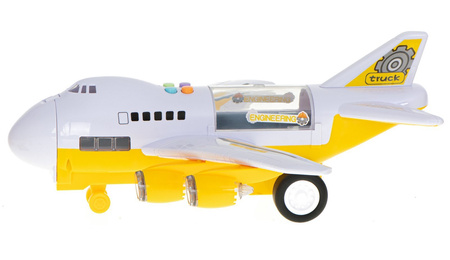 Duży otwierany samolot transporter z zestawem samochodów budowlanych i znakami dla dzieci