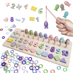 Drewniana zabawka edukacyjna dla dzieci Liczydło z sorterem Kształty i cyfry Łowienie rybek 2w1