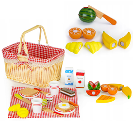 Drewniane jedzenie do krojenia owoce warzywa Zestaw piknikowy dla dzieci w koszyku ECOTOYS