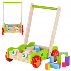 Drewniany wózek Chodzik Pchacz dla dzieci z zestawem 20 klocków ECOTOYS "Żabka"