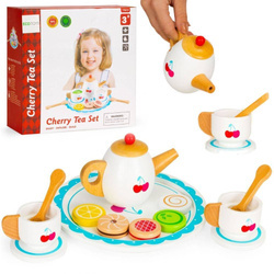 Drewniany zestaw do herbaty ze słodkościami dla dzieci dzbanek filiżanki ciastka 14 el.