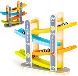 Drewniany tor edukacyjny dla dzieci Zjeżdżalnia dla samochodów 4 autka Ecotoys SAWT093-3