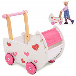 Drewniany wózek dla lalek z pościelą chodzik pchacz różowy Ecotoys