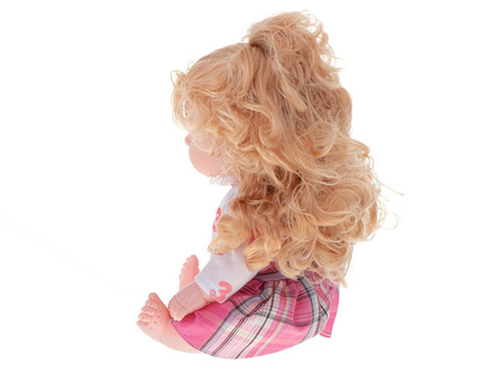 Interaktywna lalka Ala w sukience z wózkiem wydająca dźwięki Sika Pije 7 akcesoriów