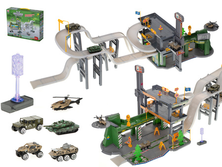 Duży zestaw Parking Garaż wojskowy z samochodami dla dzieci Czołg Helikopter 4 pojazdy