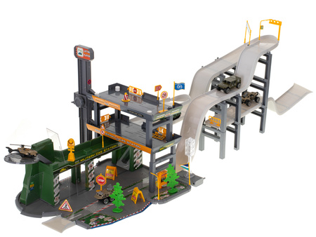 Duży zestaw Parking Garaż wojskowy z samochodami dla dzieci Czołg Helikopter 4 pojazdy