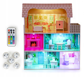 Duży drewniany domek dla lalek Rezydencja Montana mebelki oświetlenie LED Ecotoys ECO13295