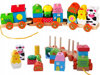 Drewniana kolejka na sznurku dla dzieci pociąg ciuchcia klocki Ecotoys