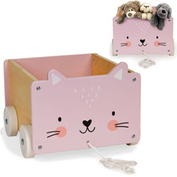 Drewniany wózek na sznurku kotek pojemnik na zabawki dla dzieci