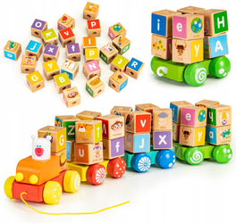 Drewniana kolejka na sznurku do ciągnięcia dla dzieci Pociąg Ciuchcia z klockami Ecotoys