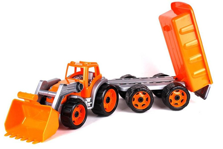 Maszyna budowlana traktor koparka z łyżką i przyczepą pomarańczowy 