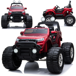 Czerwony Monter Truck Ford Ranger samochód elektryczny auto na akumulator dla dzieci światła LED