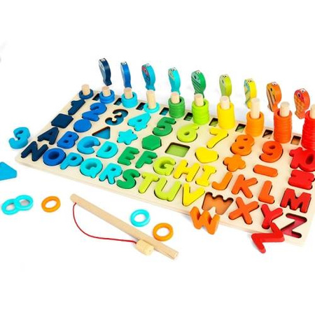 Zabawka montessori drewniane cyferki literki gra rybki 