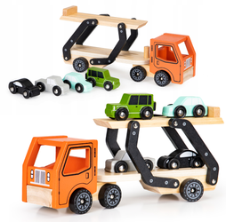 Drewniana ciężarówka laweta samochodowa dla dzieci 4 autka samochodziki tir samochód Ecotoys