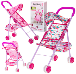 Metalowy wózek dla lalek Spacerówka z koszykiem i daszkiem Składany różowy 54cm