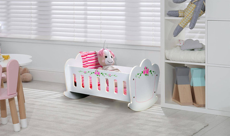 Drewniana kołyska dla lalek białe łóżeczko poduszka materac Ecotoys