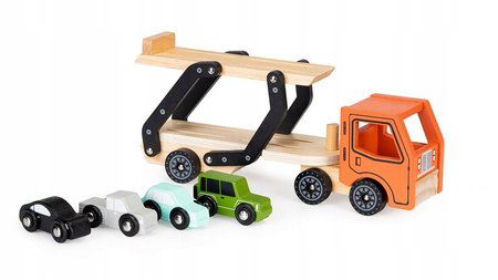 Drewniana ciężarówka laweta samochodowa dla dzieci 4 autka samochodziki tir samochód Ecotoys