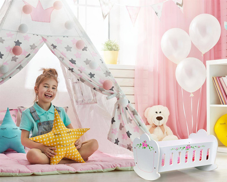 Drewniana kołyska dla lalek białe łóżeczko poduszka materac Ecotoys