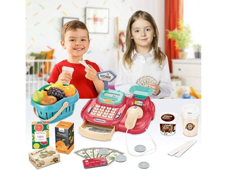 Sklepowa kasa fiskalna dla dzieci koszyk akcesoria czytnik waga malinowa