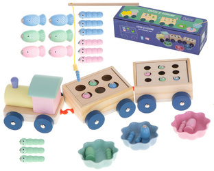 Drewniany pociąg edukacyjny dla dzieci z sorterem Zabawa w łowienie rybek z magnesem Kolejka z wagonami