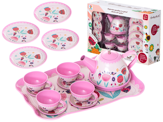 Duży zestaw metalowych naczyń dla dzieci Serwis kawowy z dzbankiem filiżankami i tacą 14 elementów