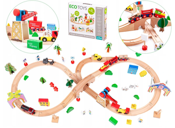 Drewniana kolejka pociąg tory akcesoria autka 78 elementów Ecotoys HM008999