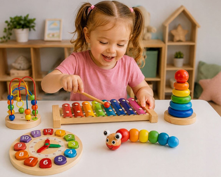 Zestaw drewnianych zabawek dla dzieci edukacyjne cymbałki wieża zegar przeplatanka gąsienica 5w1