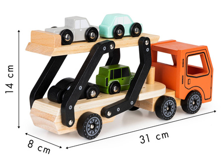 Drewniana ciężarówka laweta samochodowa dla dzieci 4 autka samochodziki tir samochód Ecotoys