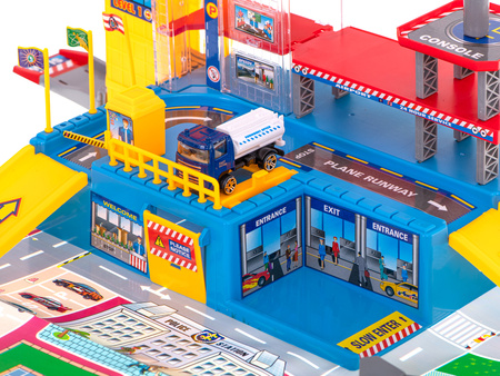 Duży parking z matą Lotnisko Samolot dla dzieci Zestaw pojazdów Ciężarówki 70 elementów