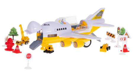 Duży otwierany samolot transporter z zestawem samochodów budowlanych i znakami dla dzieci