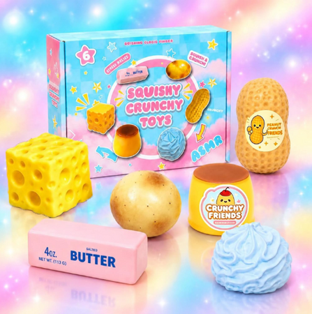 Gniotki dla dzieci zestaw gniotków box 6 elementów ser masło ziemniak śmietana pudding orzeszek