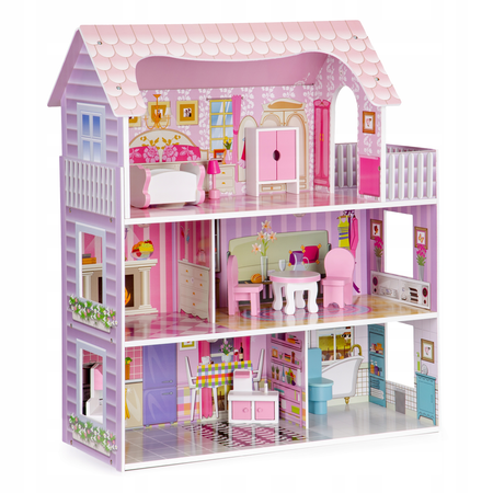 Duży drewniany domek dla lalek Rezydencja Montana mebelki oświetlenie LED Ecotoys ECO13295 
